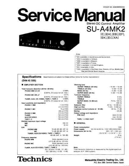 TECHNICS SU-A4MK2 STEREO DC CONTROL AMPLIFIER SERVICE MANUAL INC BLK DIAG PCBS SCHEM DIAG AND PARTS LIST 20 PAGES ENG