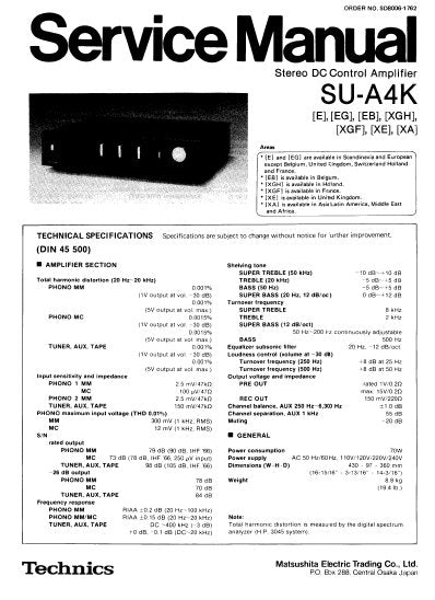 TECHNICS SU-A4K STEREO DC CONTROL AMPLIFIER SERVICE MANUAL INC BLK DIAG PCBS SCHEM DIAG AND PARTS LIST 21 PAGES ENG