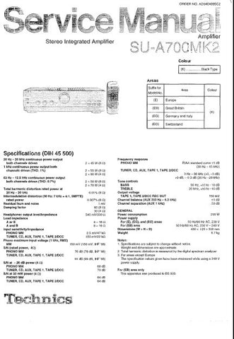 TECHNICS SU-A700MK2 STEREO INTEGRATED AMPLIFIER SERVICE MANUAL INC BLK DIAG PCBS SCHEM DIAGS AND PARTS LIST 18 PAGES ENG