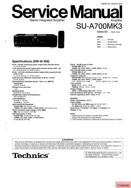 TECHNICS SU-A700MK3 STEREO INTEGRATED AMPLIFIER SERVICE MANUAL INC BLK DIAG PCBS SCHEM DIAGS AND PARTS LIST 36 PAGES ENG