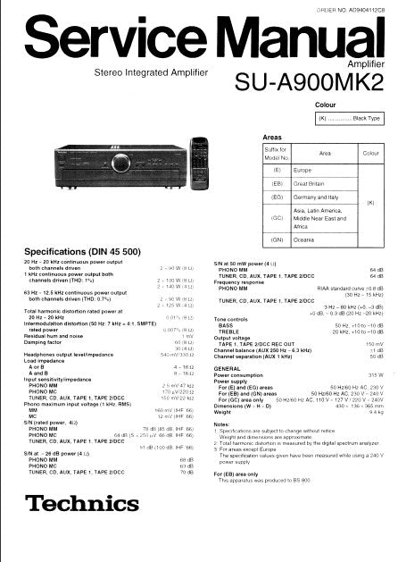 TECHNICS SU-A900MK2 STEREO INTEGRATED AMPLIFIER SERVICE MANUAL INC BLK DIAG PCBS SCHEM DIAG AND PARTS LIST 29 PAGES ENG