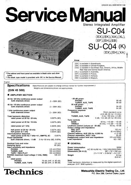 TECHNICS SU-C04 SU-C04(K) STEREO INTEGRATED AMPLIFIER SERVICE MANUAL INC BLK DIAG PCBS SCHEM DIAG AND PARTS LIST 13 PAGES ENG