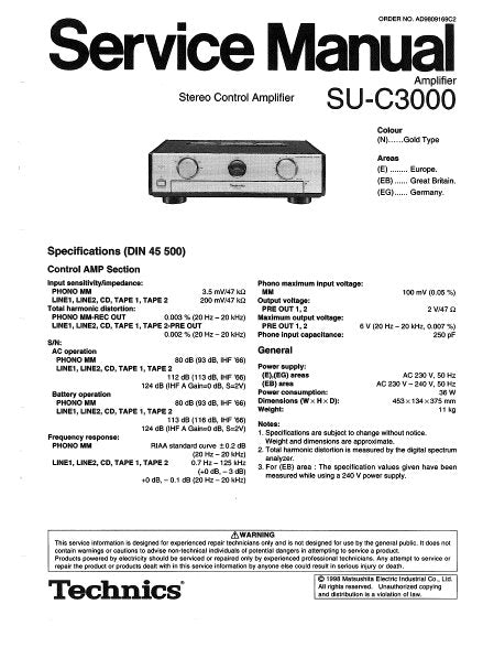 TECHNICS SU-C3000 STEREO CONTROL AMPLIFIER SERVICE MANUAL INC BLK DIAG PCBS SCHEM DIAG AND PARTS LIST 43 PAGES ENG