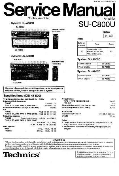 TECHNICS SU-C800U CONTROL AMPLIFIER SERVICE MANUAL INC BLK DIAG PCBS SCHEM DIAG AND PARTS LIST 18 PAGES ENG