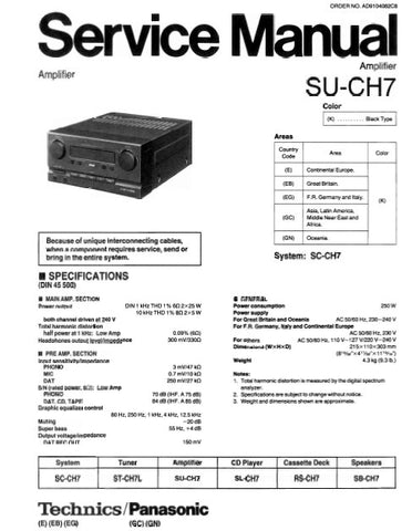 TECHNICS SU-CH7 AMPLIFIER SERVICE MANUAL INC BLK DIAG PCBS SCHEM DIAG AND PARTS LIST 26 PAGES ENG