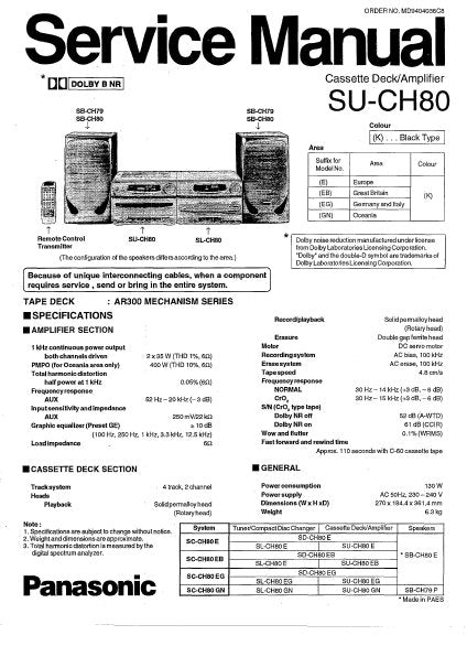 TECHNICS SU-CH80 CASSETTE PLAYER AMPLIFIER SERVICE MANUAL INC BLK DIAG PCBS SCHEM DIAG AND PARTS LIST 53 PAGES ENG