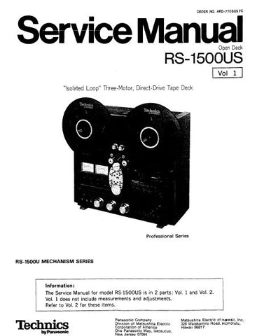 TECHNICS RS-1500US PROFESSIONAL STUDIO STEREO REEL TO REEL TAPE RECORDER SERVICE MANUAL VOL 1 INC BLK DIAG LEVEL DIAG SCHEMS WIRING CONN DIAG PCBS AND PARTS LIST 42 PAGES ENG
