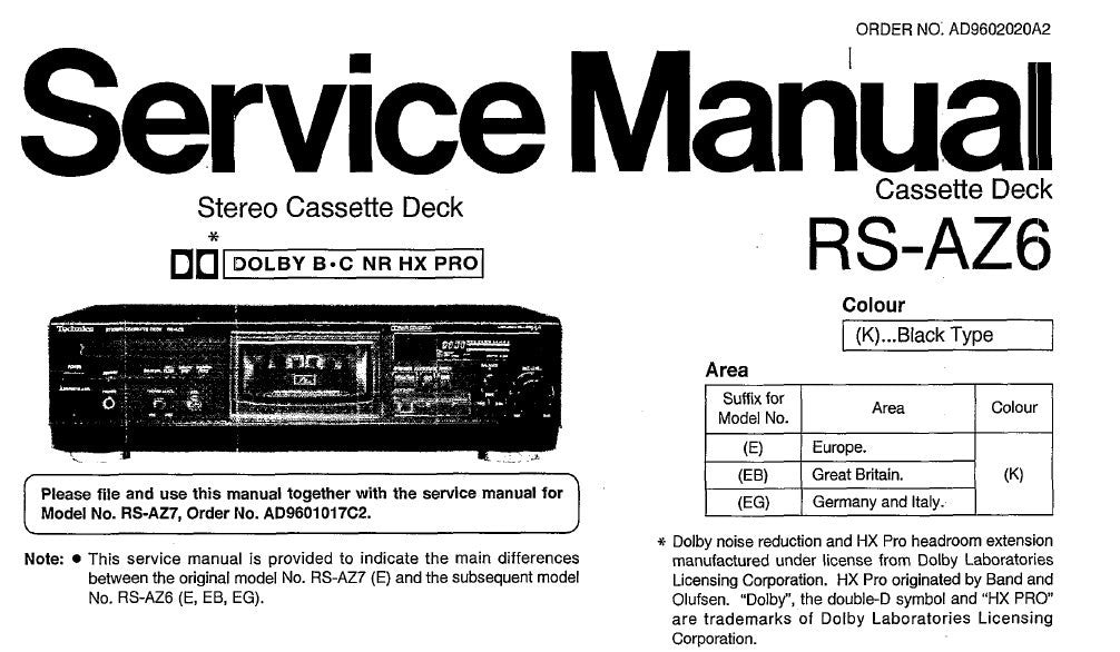 TECHNICS RS-AZ6 STEREO CASSETTE TAPE DECK SERVICE MANUAL INC SCHEMS PCBS AND PARTS LIST 20 PAGES ENG