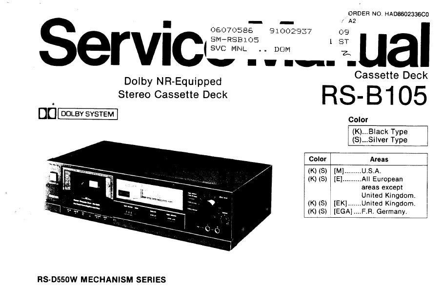 TECHNICS RS-B105 DOLBY NR EQUPPED STEREO CASSETTE TAPE DECK SERVICE MANUAL INC BLK DIAG SCHEM DIAG WIRING CONN DIAG PCBS AND PARTS LIST 21 PAGES ENG DEUT FRANC ESP