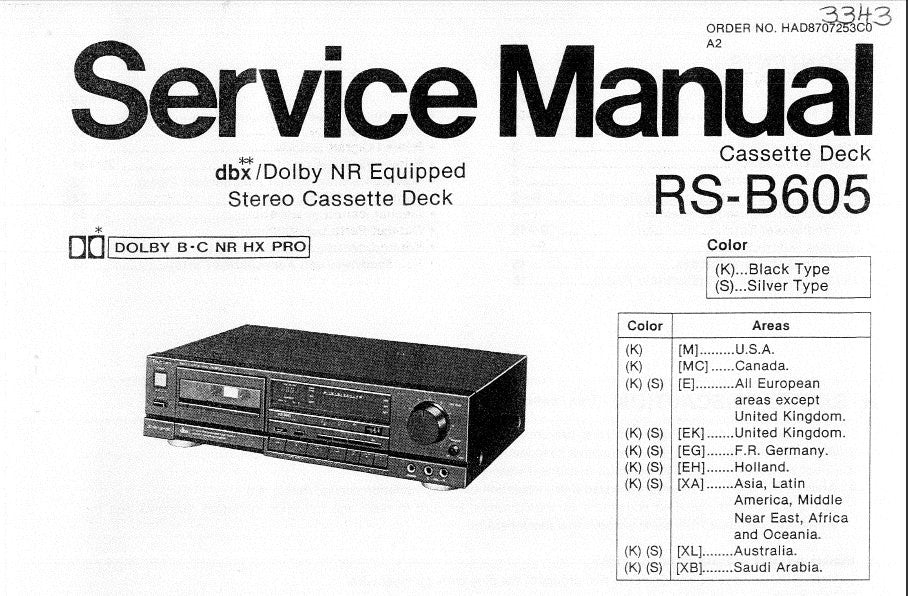 TECHNICS RS-B605 STEREO CASSETTE TAPE DECK SERVICE MANUAL INC BLK DIAG SCHEM DIAG WIRING CONN DIAG PCBS AND PARTS LIST 26 PAGES ENG DEUT