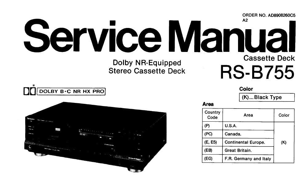 TECHNICS RS-B755 STEREO CASSETTE TAPE DECK SERVICE MANUAL INC BLK DIAG SCHEM DIAG WIRING CONN DIAG PCBS AND PARTS LIST 36 PAGES ENG