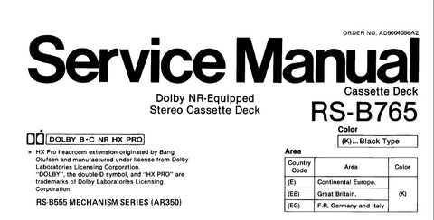 TECHNICS RS-B765 STEREO CASSETTE TAPE DECK SERVICE MANUAL INC BLK DIAG SCHEM DIAG WIRING CONN DIAG PCBS AND PARTS LIST 38 PAGES ENG