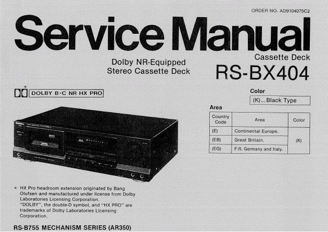 TECHNICS RS-BX404 STEREO CASSETTE TAPE DECK SERVICE MANUAL INC BLK DIAG SCHEM DIAG PCBS AND PARTS LIST 23 PAGES ENGLISH