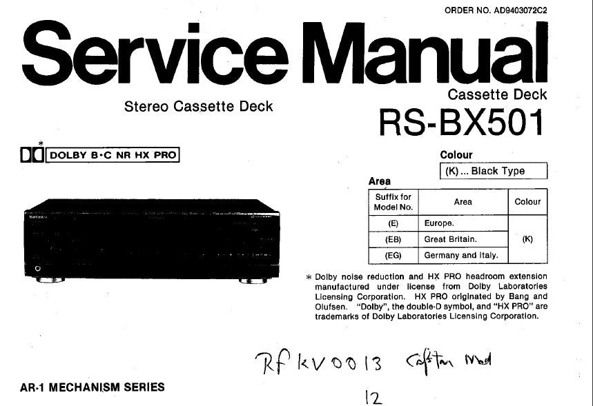 TECHNICS RS-BX501 STEREO CASSETTE TAPE DECK SERVICE MANUAL INC CONN DIAG TRSHOOT GUIDE BLK DIAG SCHEM DIAG WIRING CONN DIAG PCBS AND PARTS LIST 58 PAGES ENG