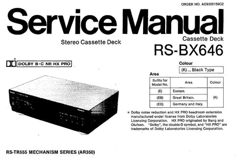 TECHNICS RS-BX646 STEREO CASSETTE TAPE DECK SERVICE MANUAL INC TRSHOOT GUIDE BLK DIAG SCHEMS WIRING CONN DIAG PCBS AND PARTS LIST 32 PAGES ENG