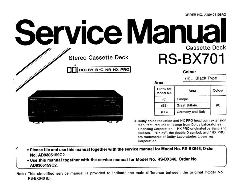 TECHNICS RS-BX701 STEREO CASSETTE TAPE DECK SERVICE MANUAL INC SCHEM DIAG PCBS AND PARTS LIST 14 PAGES ENG