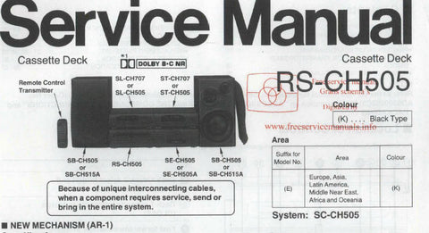 TECHNICS RS-CH505 STEREO CASSETTE TAPE DECK SERVICE MANUAL INC BLK DIAG  SCHEMS WIRING DIAG CONN DIAG PCBS AND PARTS LIST 18 PAGES ENG