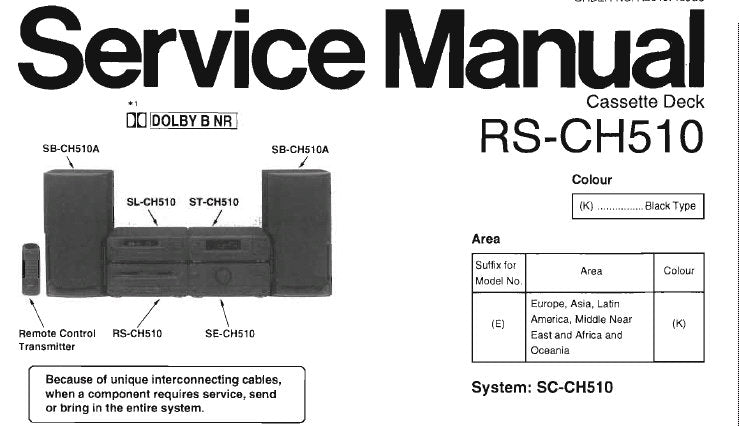 TECHNICS RS-CH510 STEREO CASSETTE TAPE DECK SERVICE MANUAL INC BLK DIAG WIRING CONN DIAG SCHEMS PCBS AND PARTS LIST 22 PAGES ENG