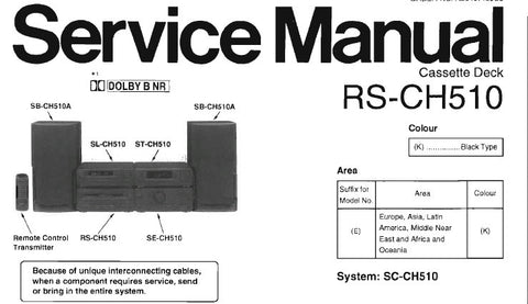 TECHNICS RS-CH510 STEREO CASSETTE TAPE DECK SERVICE MANUAL INC BLK DIAG WIRING CONN DIAG SCHEMS PCBS AND PARTS LIST 22 PAGES ENG