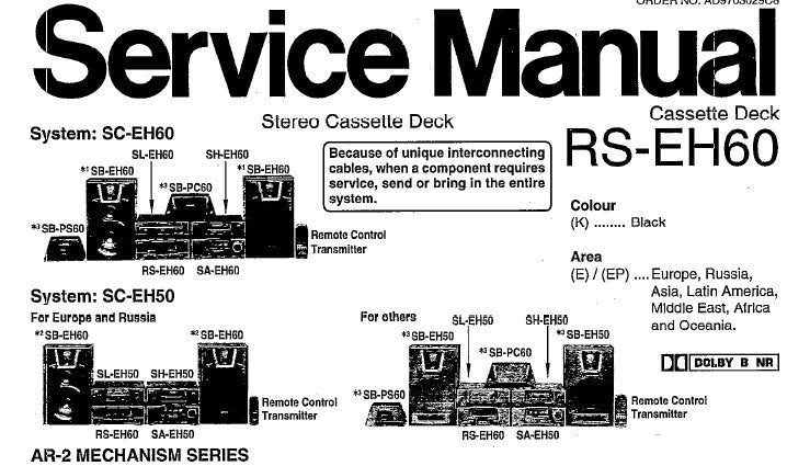 TECHNICS RS-EH60 STEREO CASSETTE TAPE DECK SERVICE MANUAL INC BLK DIAG SCHEM DIAGS PCBS AND PARTS LIST 38 PAGES ENG