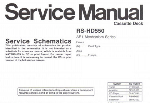 TECHNICS RS-HD550 STEREO CASSETTE TAPE DECK SERVICE MANUAL SERVICE SCHEMATIC DIAGRAMS 7 PAGES ENG