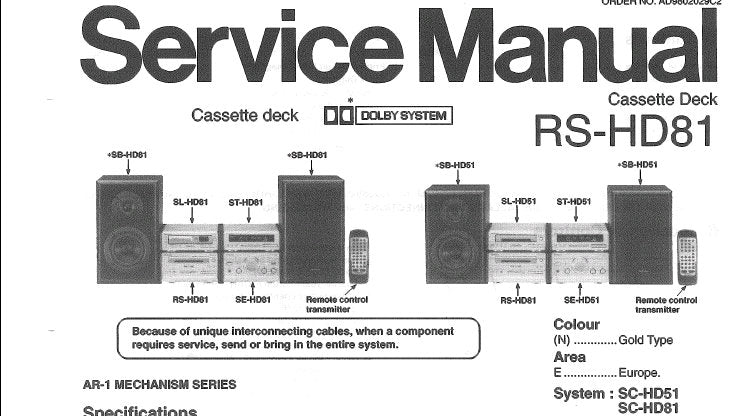 TECHNICS RS-HD81 STEREO CASSETTE TAPE DECK SERVICE MANUAL INC BLK DIAG SCHEM DIAG PCBS AND PARTS LIST 33 PAGES ENG