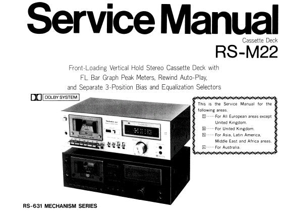 TECHNICS RS-M22 STEREO CASSETTE TAPE DECK SERVICE MANUAL INC WIRING CONN DIAG SCHEM DIAG PCBS AND PARTS LIST 18 PAGES ENG