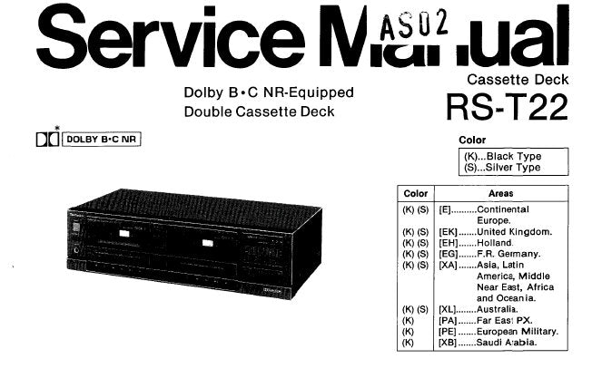 TECHNICS RS-T22 STEREO DOUBLE CASSETTE TAPE DECK SERVICE MANUAL INC BLK DIAG WIRING CONN DIAG SCHEM DIAG PCBS AND PARTS LIST 29 PAGES ENG