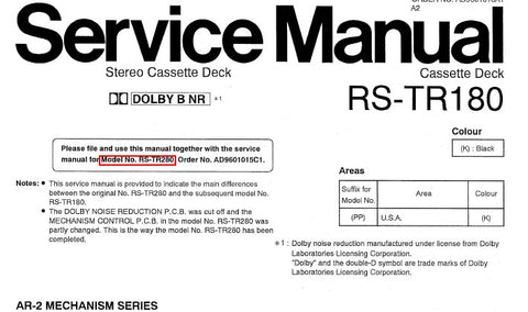 TECHNICS RS-TR180 STEREO CASSETTE TAPE DECK SERVICE MANUAL  INC SCHEM DIAGS PCBS AND PARTS LIST 12 PAGES ENG
