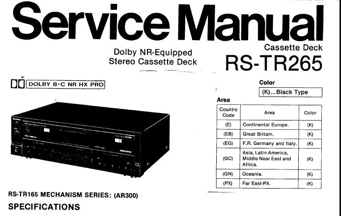 TECHNICS RS-TR265 STEREO CASSETTE TAPE DECK SERVICE MANUAL  INC BLK DIAG WIRING CONN DIAG SCHEM DIAG PCBS AND PARTS LIST 45 PAGES ENG