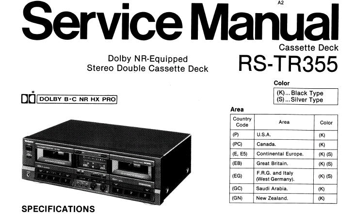 TECHNICS RS-TR355 STEREO DOUBLE CASSETTE TAPE DECK SERVICE MANUAL INC BLK DIAG WIRING CONN DIAG SCHEM DIAG PCBS AND PARTS LIST 39 PAGES ENG