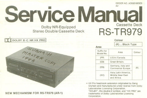 TECHNICS RS-TR979 STEREO DOUBLE CASSETTE TAPE DECK SERVICE MANUAL  INC CONN DIAG BLK DIAG SCHEM DIAG PCB'S AND PARTS LIST 34 PAGES ENG