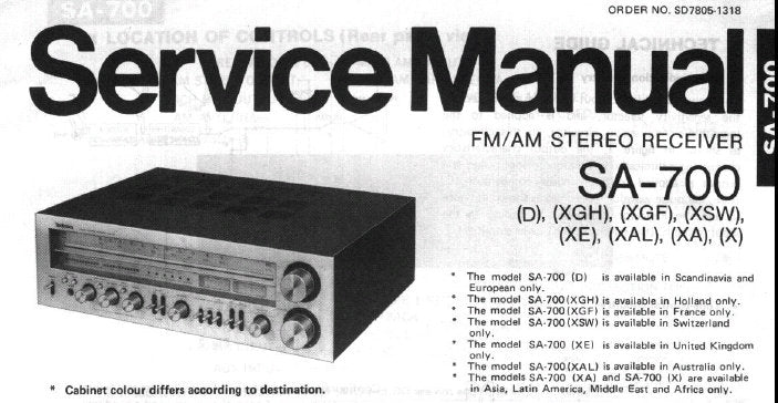 TECHNICS SA-700 FM AM STEREO RECEIVER SERVICE MANUAL INC BLK DIAGS SCHEM DIAG AND PARTS LIST 17 PAGES ENG