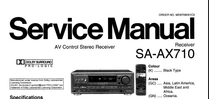 TECHNICS SA-AX710 AV CONTROL STEREO RECEIVER SERVICE MANUAL INC CONN DIAGS TRSHOOT GUIDE BLK DIAG WIRING CONN DIAG SCHEM DIAGS PCB'S AND PARTS LIST 69 PAGES ENG