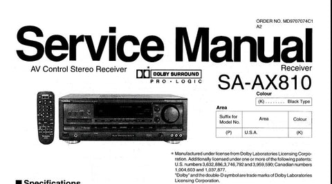 TECHNICS SA-AX810 AV CONTROL STEREO RECEIVER SERVICE MANUAL INC TRSHOOT GUIDE BLK DIAG WIRING CONN DIAG SCHEM DIAGS PCB'S AND PARTS LIST 55 PAGES ENG