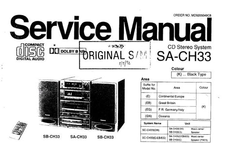 TECHNICS SA-CH33 CD STEREO SYSTEM SERVICE MANUAL INC BLK DIAGS WIRING CONN DIAG SCHEM DIAGS PCB'S PARTS LIST AND TRSHOOT GUIDE 97 PAGES ENG