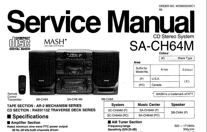 TECHNICS SA-CH64M CD STEREO SYSTEM SERVICE MANUAL INC BLK DIAG WIRING CONN DIAG SCHEM DIAGS 29 PAGES ENG