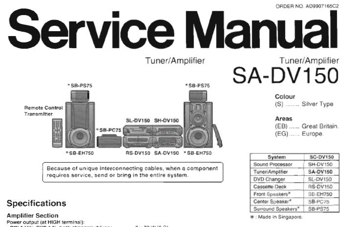 TECHNICS SA-DV150 STEREO TUNER AMPLIFIER SERVICE MANUAL INC CONN DIAGS BLK DIAG SCHEM DIAGS WIRING CONN DIAG PCB'S AND PARTS LIST 55 PAGES ENG