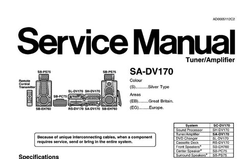 TECHNICS SA-DV170 STEREO TUNER AMPLIFIER SERVICE MANUAL INC BLK DIAG SCHEM DIAGS WIRING CONN DIAG PCB'S AND PARTS LIST 39 PAGES ENG