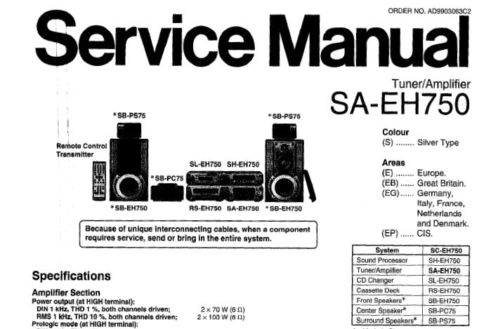 TECHNICS SA-EH750 STEREO TUNER AMPLIFIER SERVICE MANUAL INC CONN DIAGS BLK DIAG WIRING CONN DIAG SCHEM DIAGS PCB'S AND PARTS LIST 62 PAGES ENG