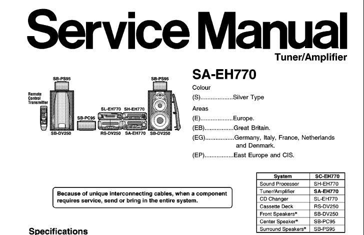 TECHNICS SA-EH770 STEREO TUNER AMPLIFIER SERVICE MANUAL INC BLK DIAG WIRING CONN DIAG SCHEM DIAGS PCB'S AND PARTS LIST 37 PAGES ENG