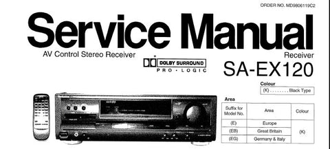 TECHNICS SA-EX120 AV CONTROL STEREO RECEIVER SERVICE MANUAL INC CONN DIAGS BLK DIAG WIRING CONN DIAG SCHEM DIAGS PCB'S AND PARTS LIST 44 PAGES ENG