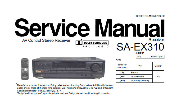 TECHNICS SA-EX310 AV CONTROL STEREO RECEIVER SERVICE MANUAL INC TROUBLESHOOT GUIDE BLK DIAG WIRING CONN DIAG SCHEM DIAGS PCB'S AND PARTS LIST 45 PAGES ENG