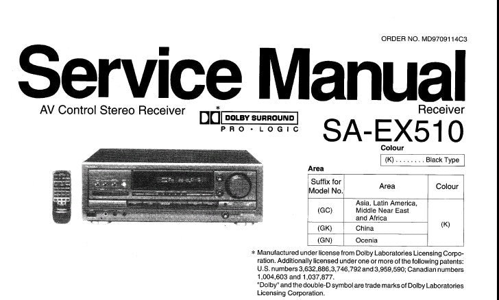 TECHNICS SA-EX510 AV CONTROL STEREO RECEIVER SERVICE MANUAL INC TRSHOOT GUIDE BLK DIAG WIRING CONN DIAG SCHEM DIAGS PCB'S AND PARTS LIST 51 PAGES ENG