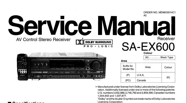 TECHNICS SA-EX600 AV CONTROL STEREO RECEIVER SERVICE MANUAL INC TRSHOOT GUIDE BLK DIAG SCHEM DIAGS PCB'S AND PARTS LIST 52 PAGES ENG