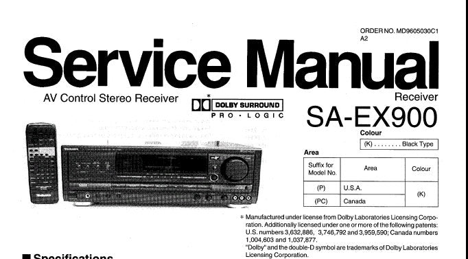 TECHNICS SA-EX900 AV CONTROL STEREO RECEIVER SERVICE MANUAL INC TRSHOOT GUIDE BLK DIAG SCHEM DIAGS PCB'S AND PARTS LIST 52 PAGES ENG