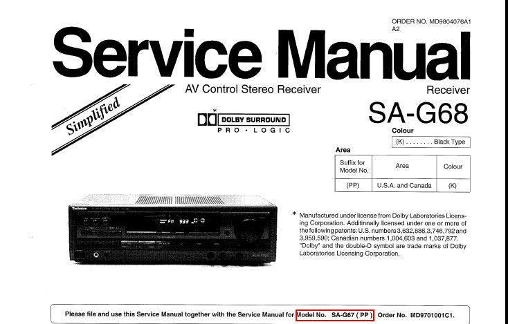 TECHNICS SA-G68 AV CONTROL STEREO RECEIVER SERVICE MANUAL INC SCHEM DIAG PCB'S AND PARTS LIST 15 PAGES ENG