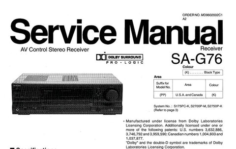 TECHNICS SA-G76 AV CONTROL STEREO RECEIVER SERVICE MANUAL INC TRSHOOT GUIDE BLK DIAG WIRING CONN DIAG SCHEM DIAGS PCB'S AND PARTS LIST 47 PAGES ENG