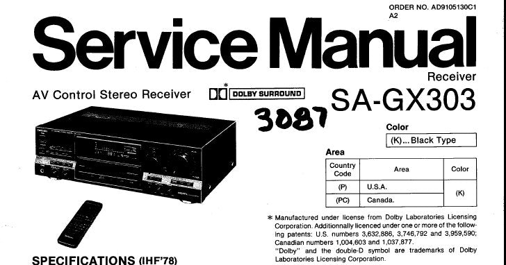 TECHNICS SA-GX303 AV CONTROL STEREO RECEIVER SERVICE MANUAL INC BLK DIAG WIRING CONN DIAG SCHEM DIAG PCB'S AND PARTS LIST PLUS SUPP WITH SCHEM DIAG AND PCB'S 89 PAGES ENG