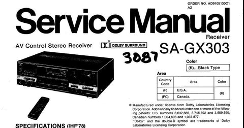 TECHNICS SA-GX303 AV CONTROL STEREO RECEIVER SERVICE MANUAL INC BLK DIAG WIRING CONN DIAG SCHEM DIAG PCB'S AND PARTS LIST PLUS SUPP WITH SCHEM DIAG AND PCB'S 89 PAGES ENG